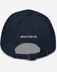 Unisex Classic baseball cap in blue with embroidered WHATEVR logo, back view