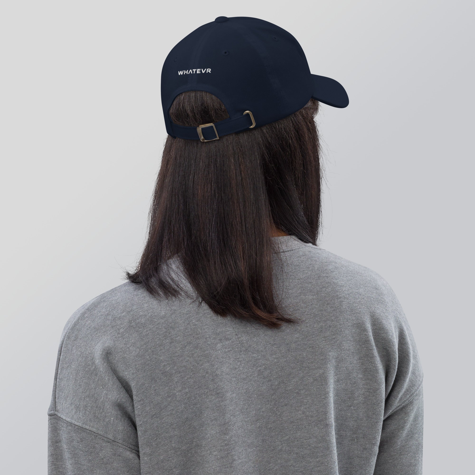 Unisex Classic baseball cap in blue with embroidered WHATEVR logo, back view
