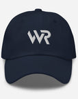Unisex Classic baseball cap in blue with embroidered WHATEVR logo, front view