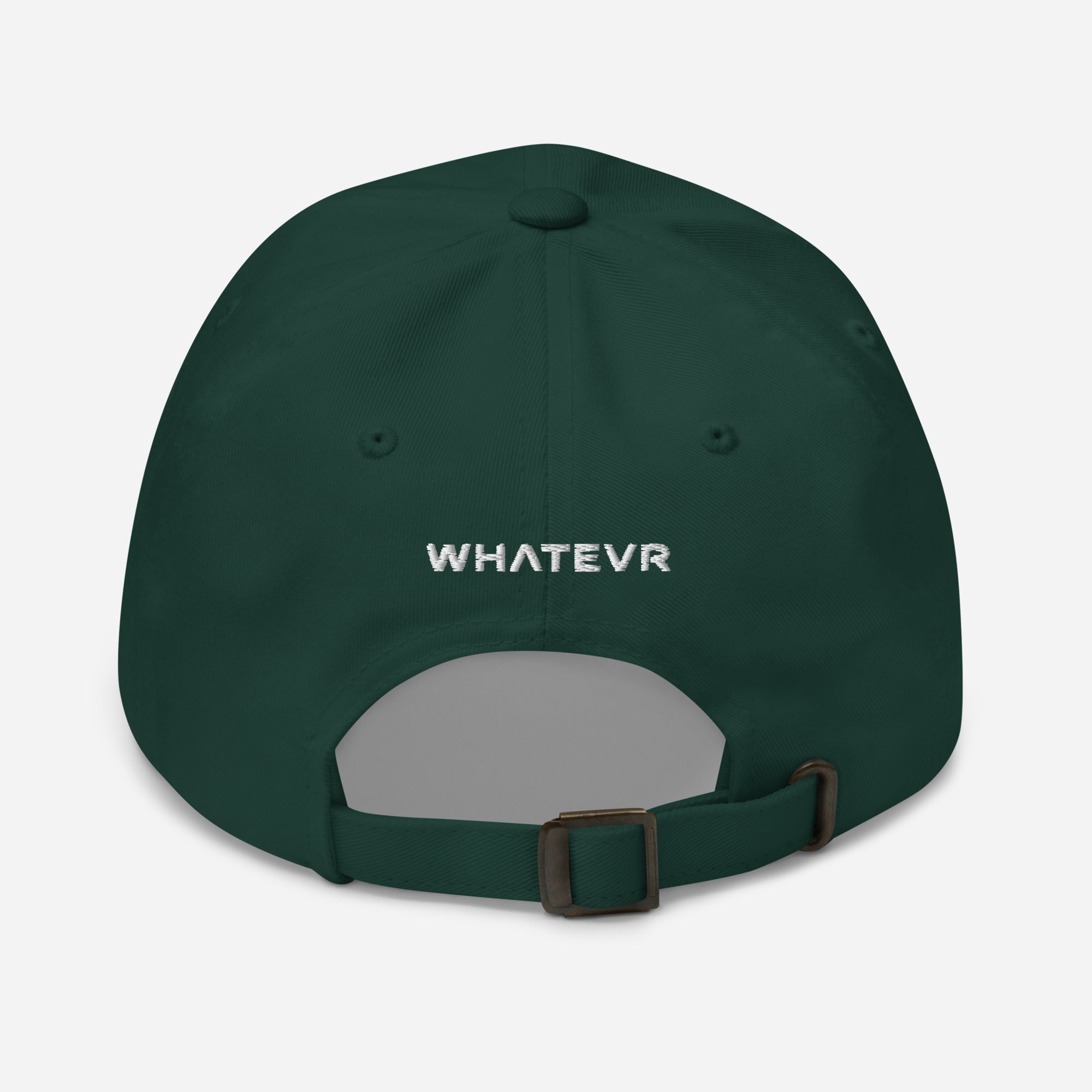 Unisex Classic baseball cap in green with embroidered WHATEVR logo, back view