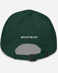 Unisex Classic baseball cap in green with embroidered WHATEVR logo, back view