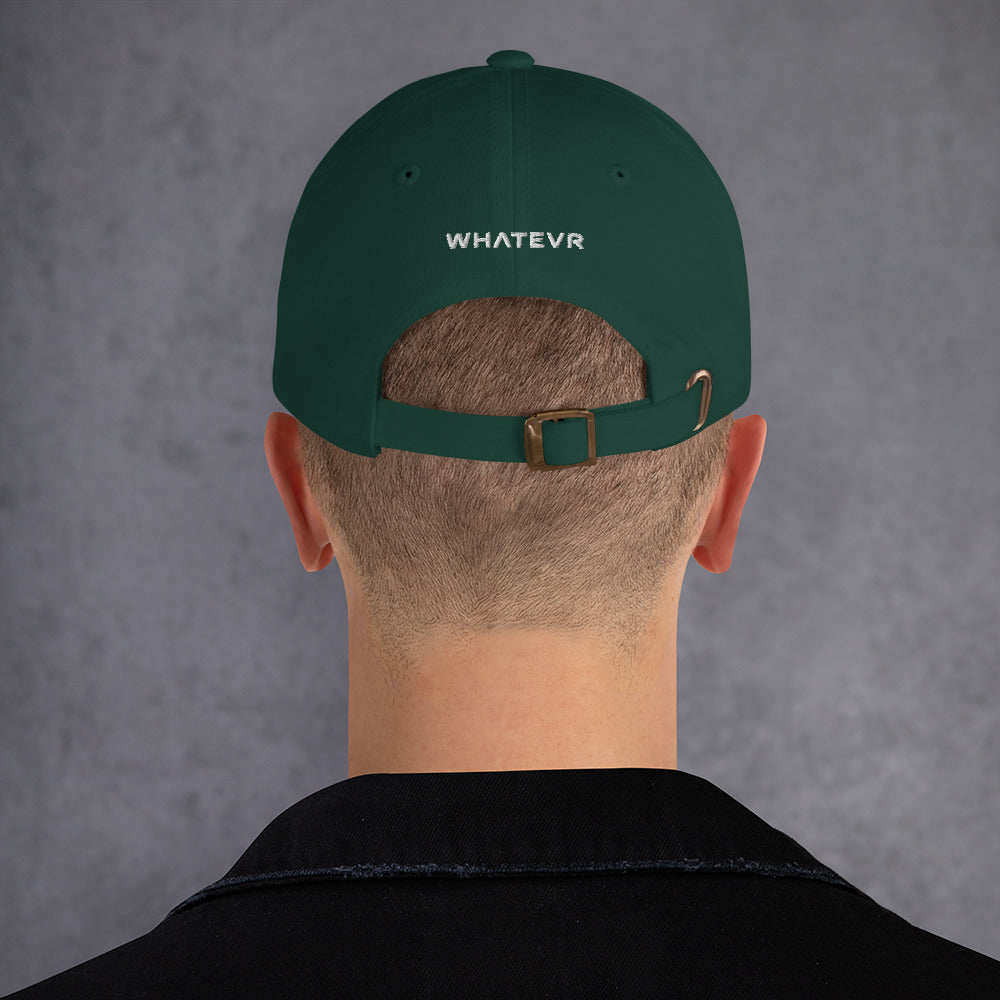Unisex Classic baseball cap in green with embroidered WHATEVR logo, back view