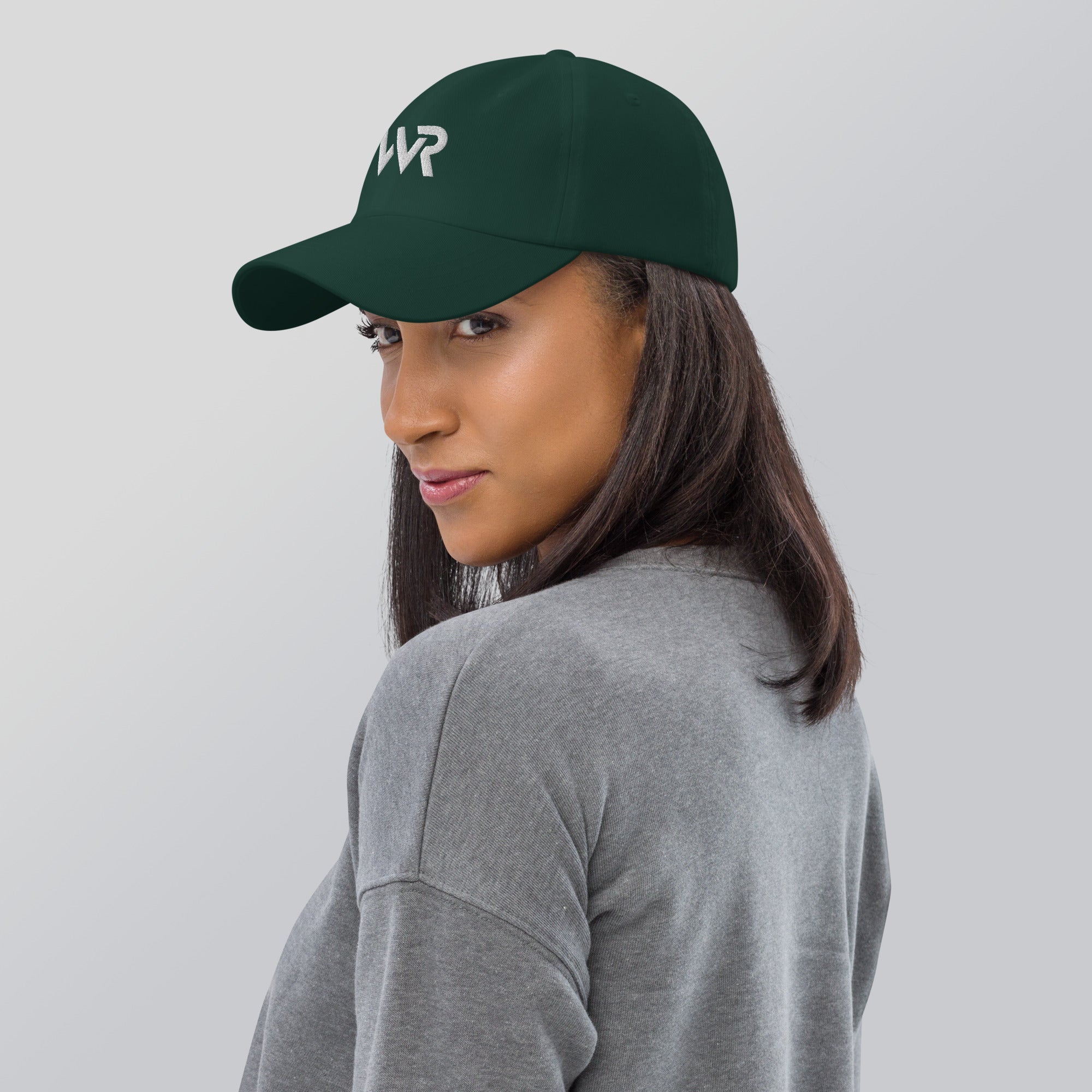 Unisex Classic baseball cap in green with embroidered WHATEVR logo, front view