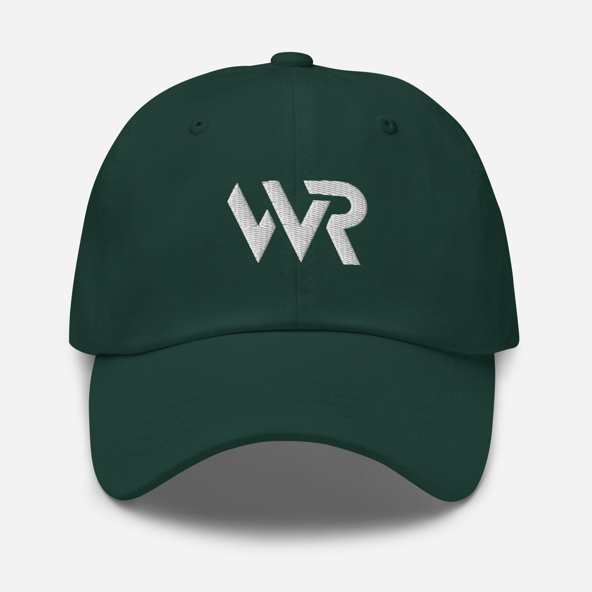 Unisex Classic baseball cap in green with embroidered WHATEVR logo, front view