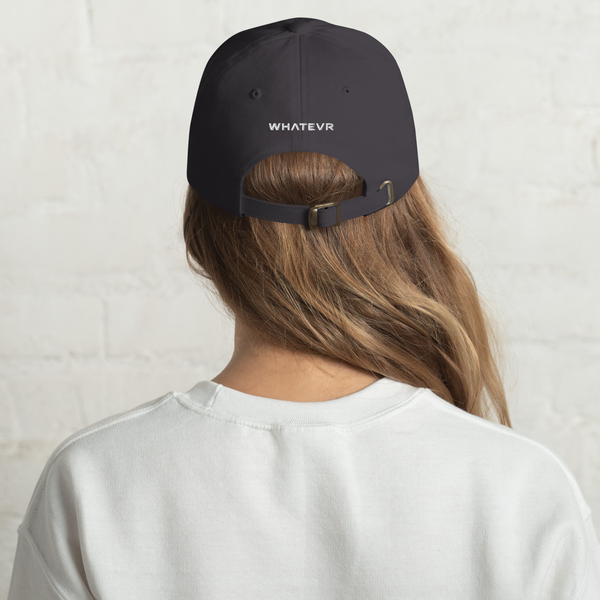 Unisex Classic baseball cap in gray with embroidered WHATEVR logo, back view