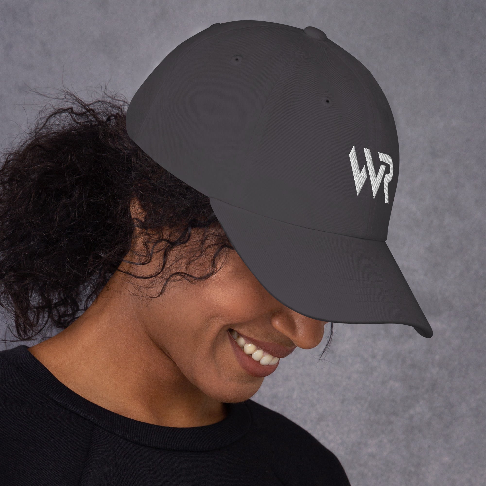Unisex Classic baseball cap in gray with embroidered WHATEVR logo, side view