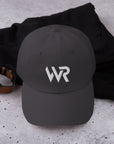 Unisex Classic baseball cap in gray with embroidered WHATEVR logo, front view