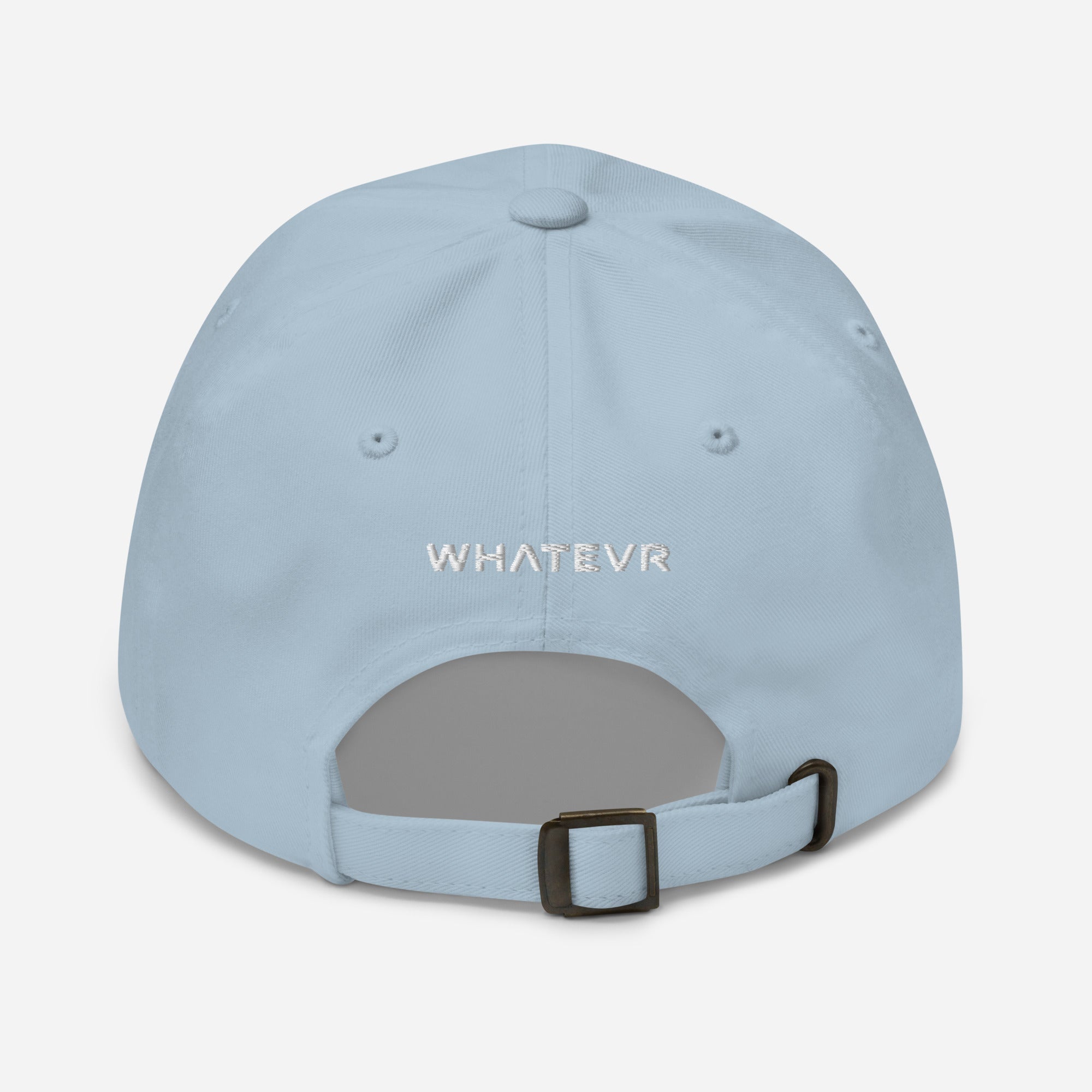 Unisex Classic baseball cap in light blue with embroidered WHATEVR logo, back view