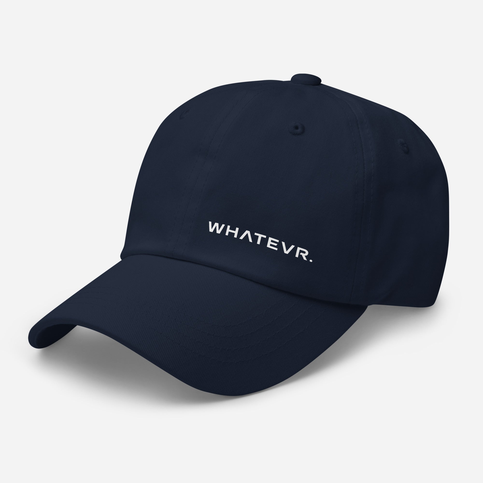 Unisex Classic baseball cap in blue with WHATEVR logo, front view