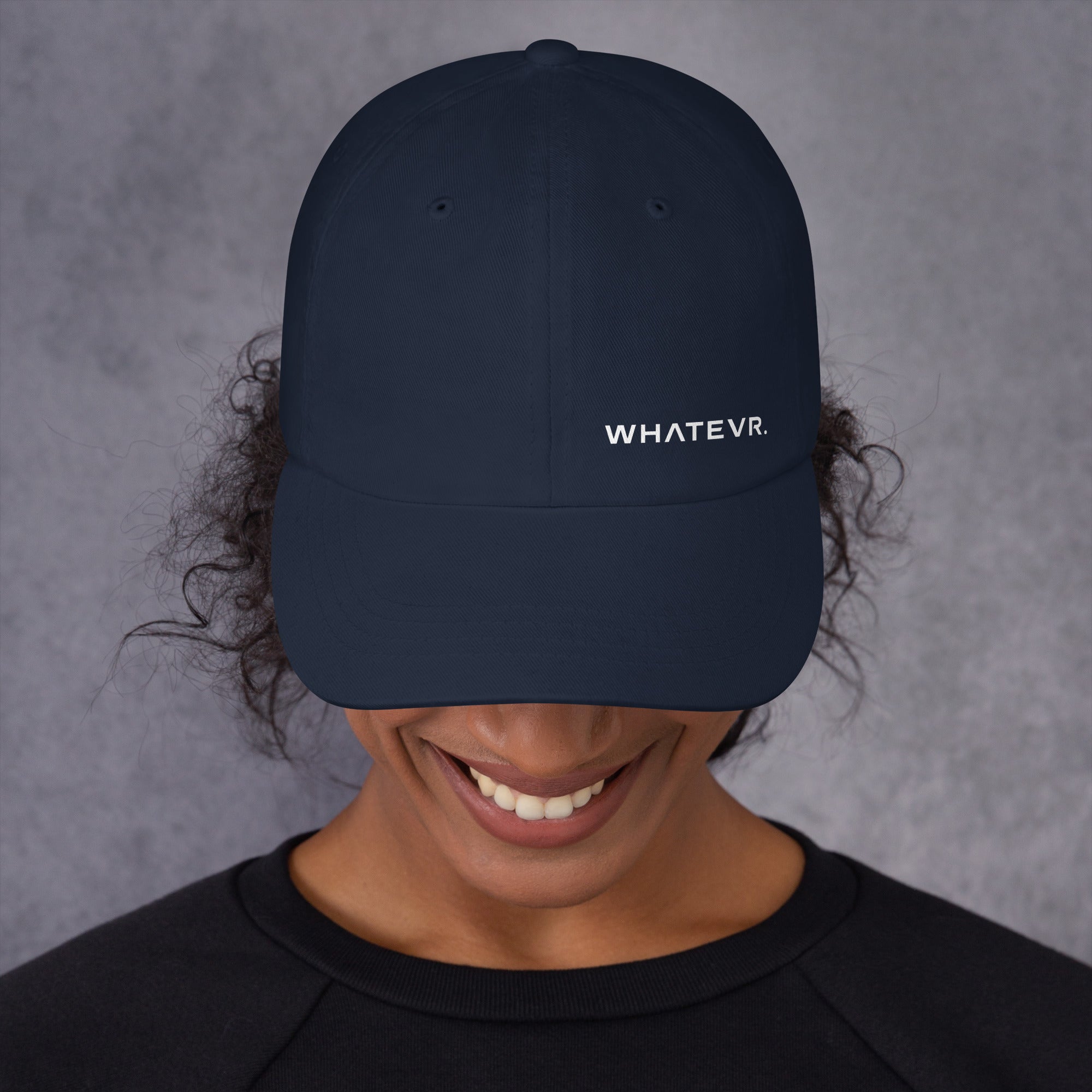 Unisex Classic baseball cap in blue with WHATEVR logo, front view