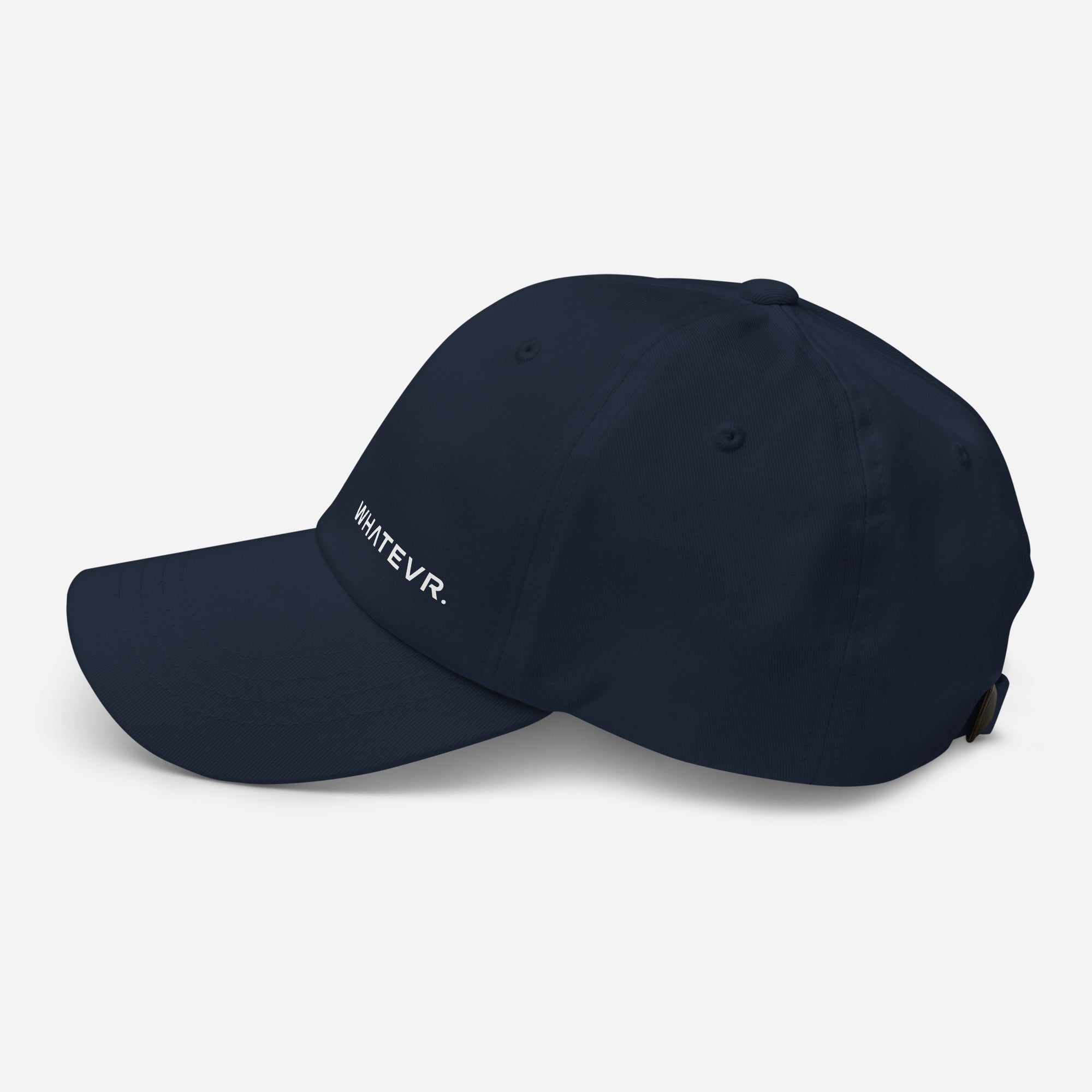 Unisex Classic baseball cap in blue with WHATEVR logo, side view
