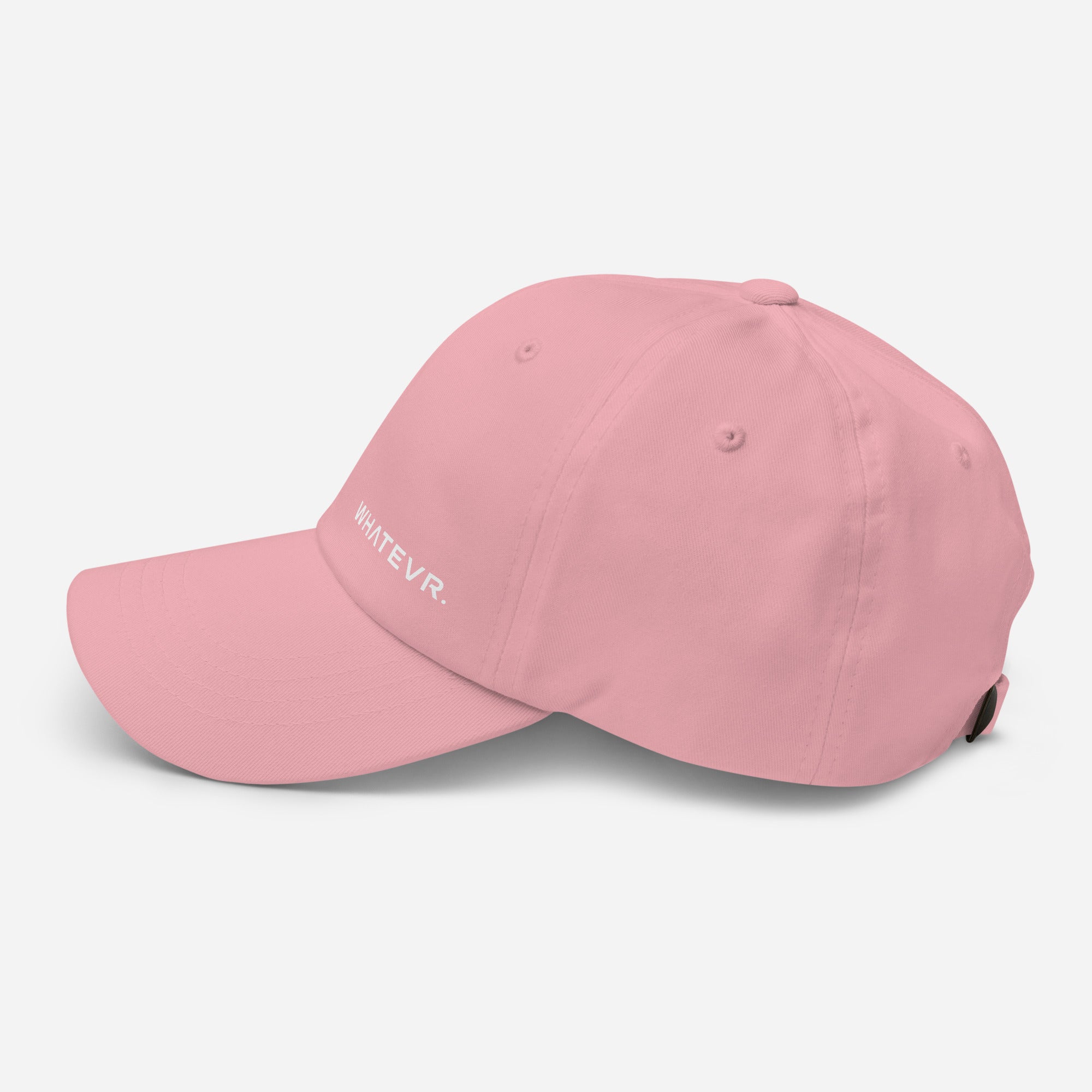 Unisex Classic baseball cap in pink with WHATEVR logo, side view