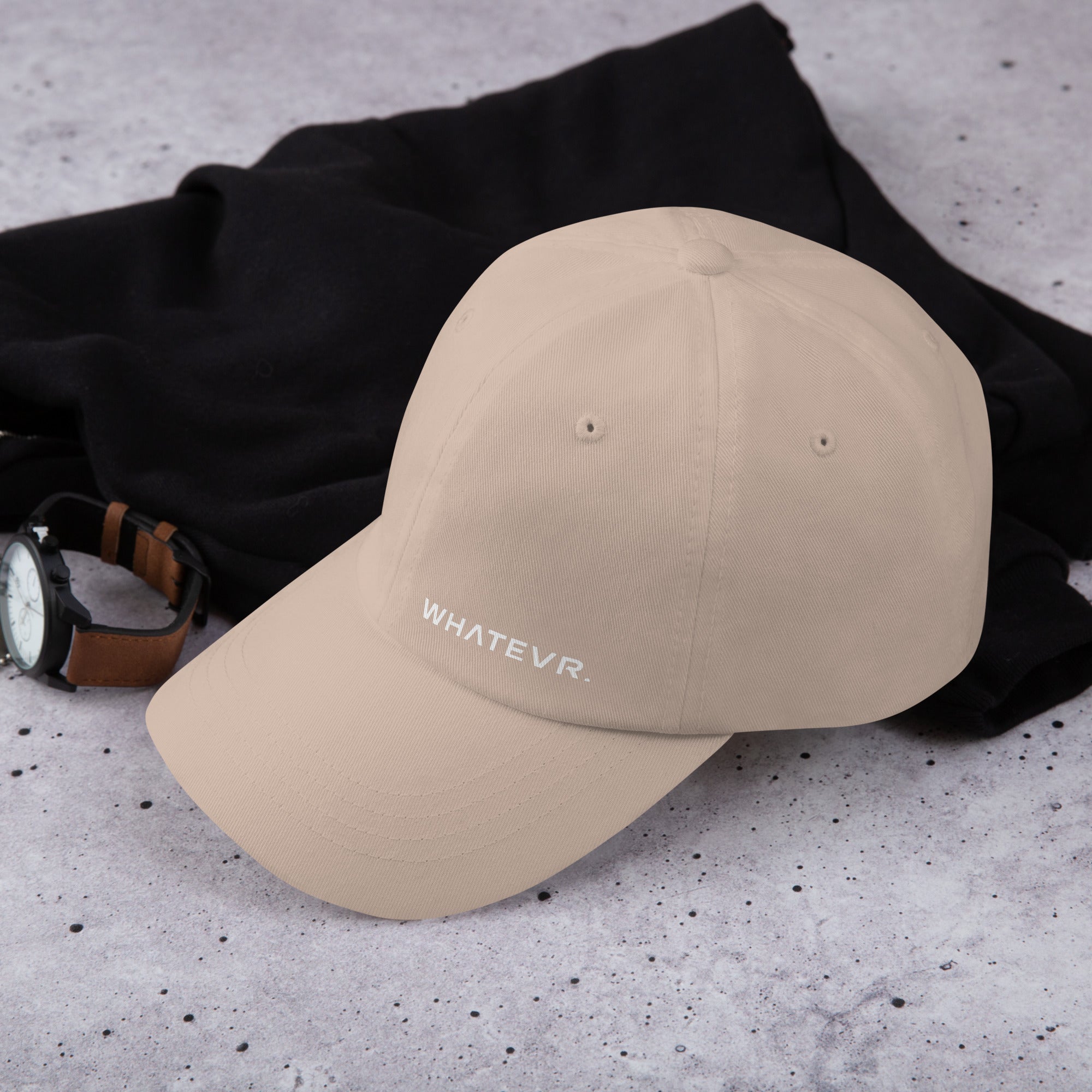 Unisex Classic baseball cap in beige with WHATEVR logo, side view
