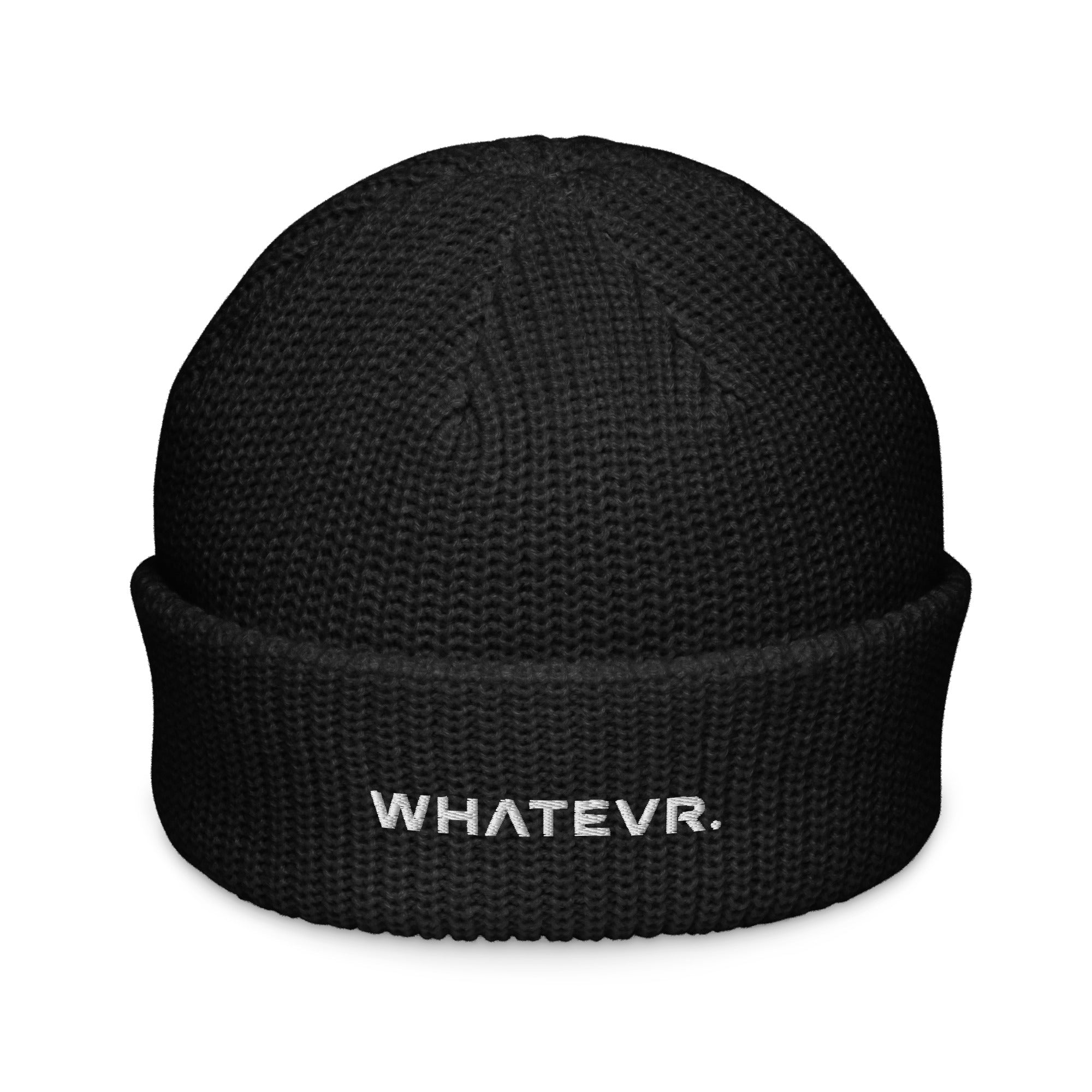 Unisex WHATEVR beanie in black with embroidered detailing, front view