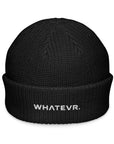Unisex WHATEVR beanie in black with embroidered detailing, front view