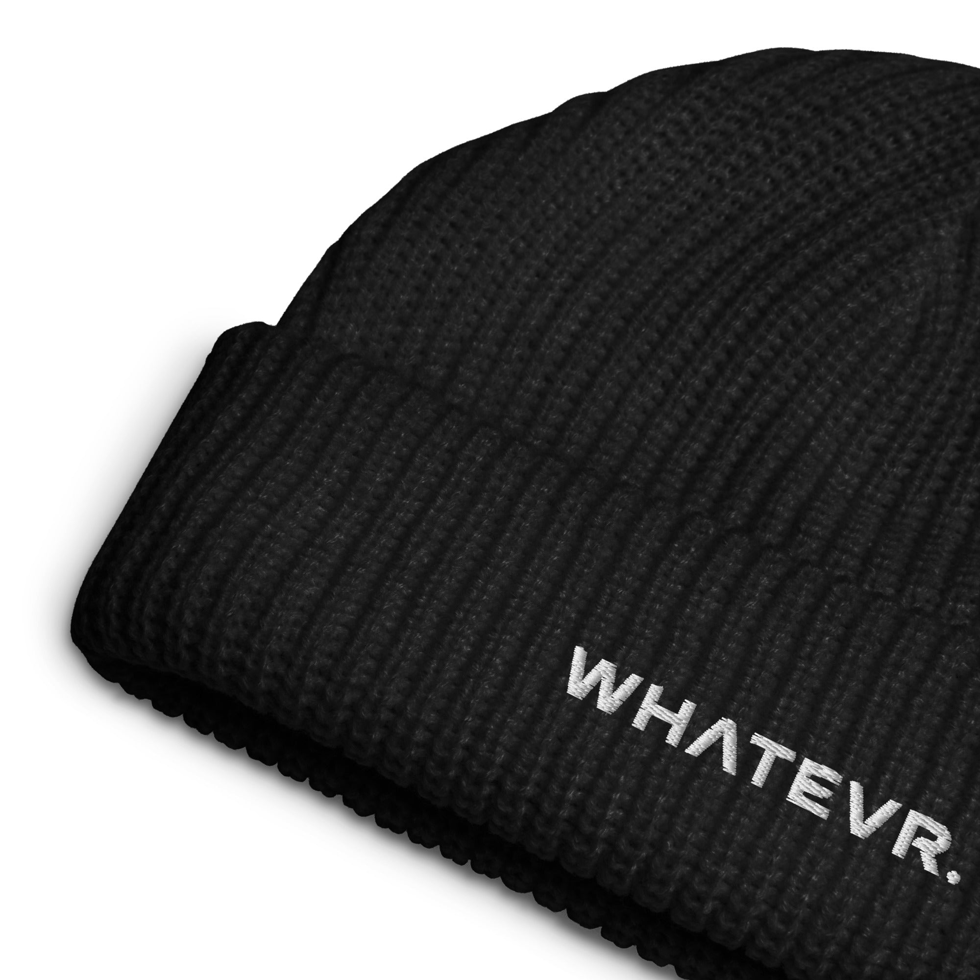 Unisex WHATEVR beanie in black with embroidered detailing, front view