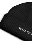 Unisex WHATEVR beanie in black with embroidered detailing, front view