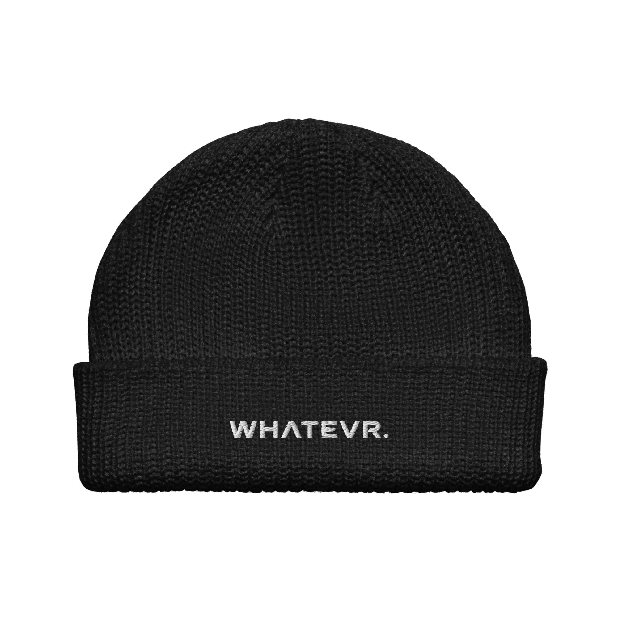 Unisex WHATEVR beanie in black with embroidered detailing, front view