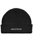 Unisex WHATEVR beanie in black with embroidered detailing, front view