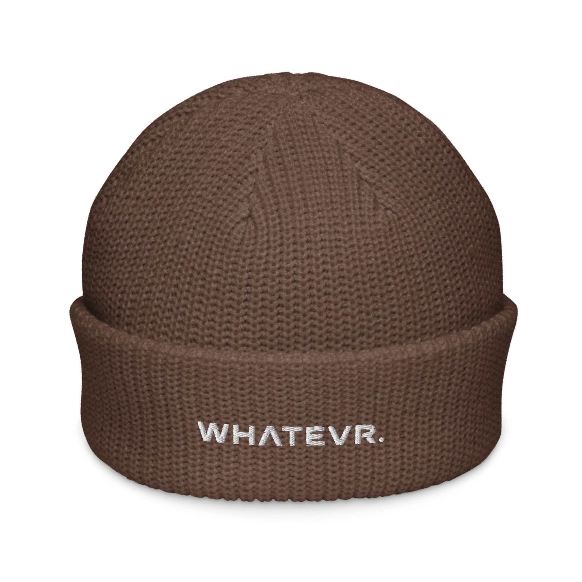 Unisex WHATEVR beanie in brown with embroidered detailing, front view