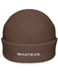 Unisex WHATEVR beanie in brown with embroidered detailing, front view