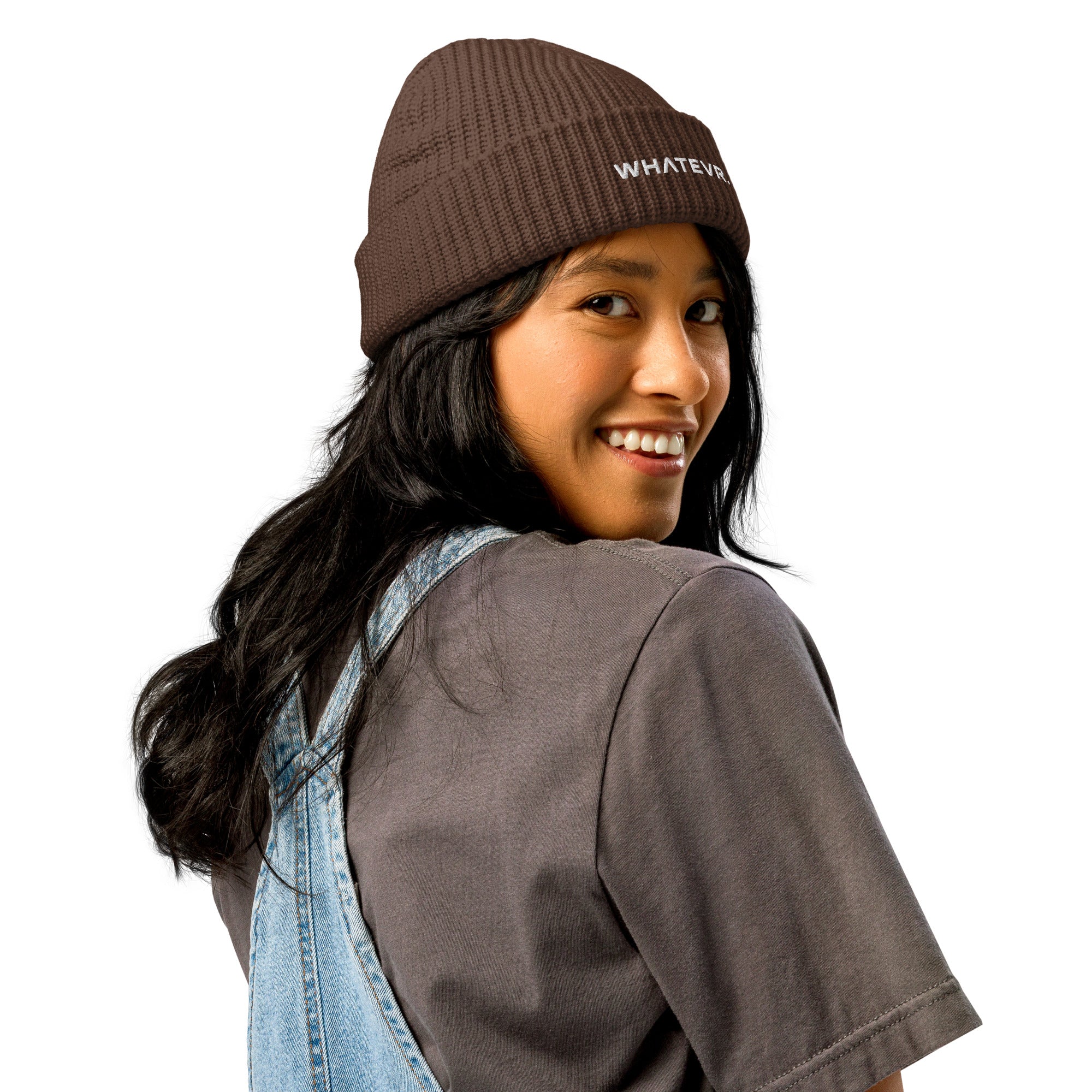 Unisex WHATEVR beanie in brown with embroidered detailing, front view