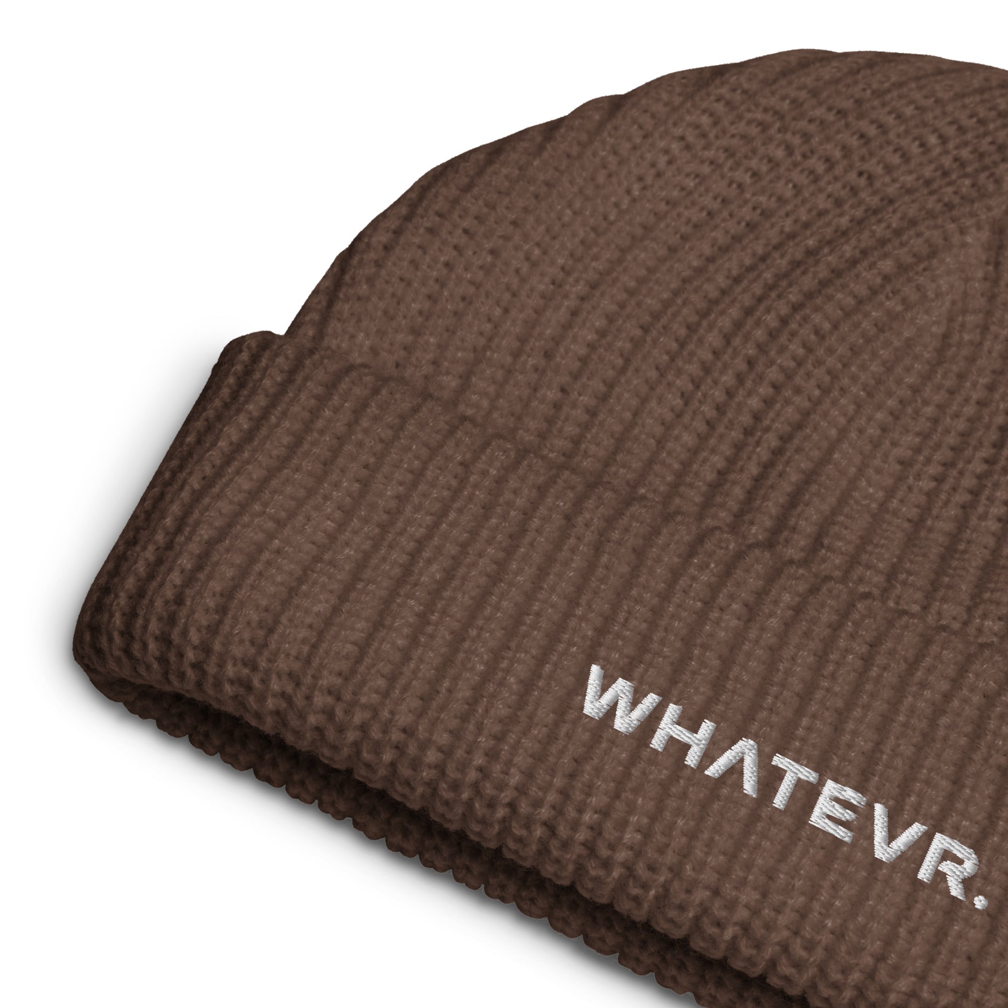 Unisex WHATEVR beanie in brown with embroidered detailing, front view