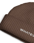 Unisex WHATEVR beanie in brown with embroidered detailing, front view