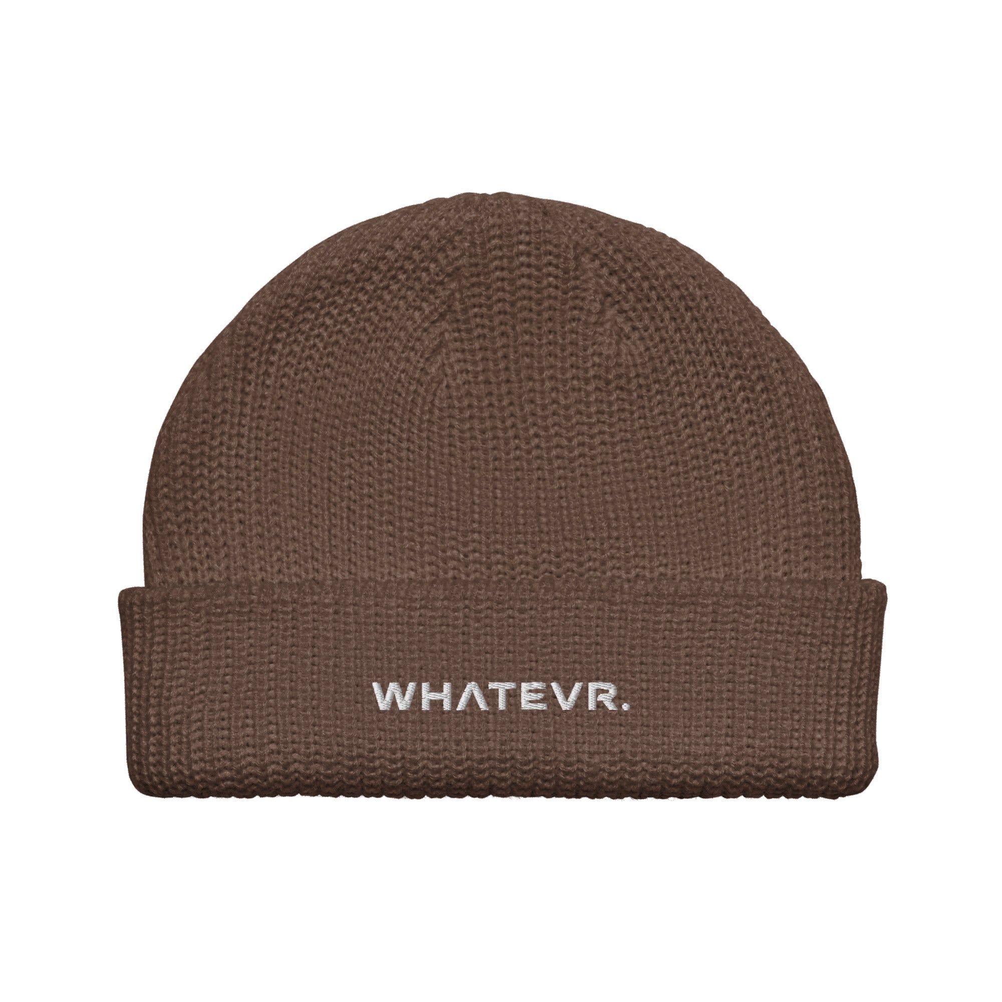 Unisex WHATEVR beanie in brown with embroidered detailing, front view