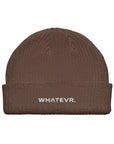 Unisex WHATEVR beanie in brown with embroidered detailing, front view