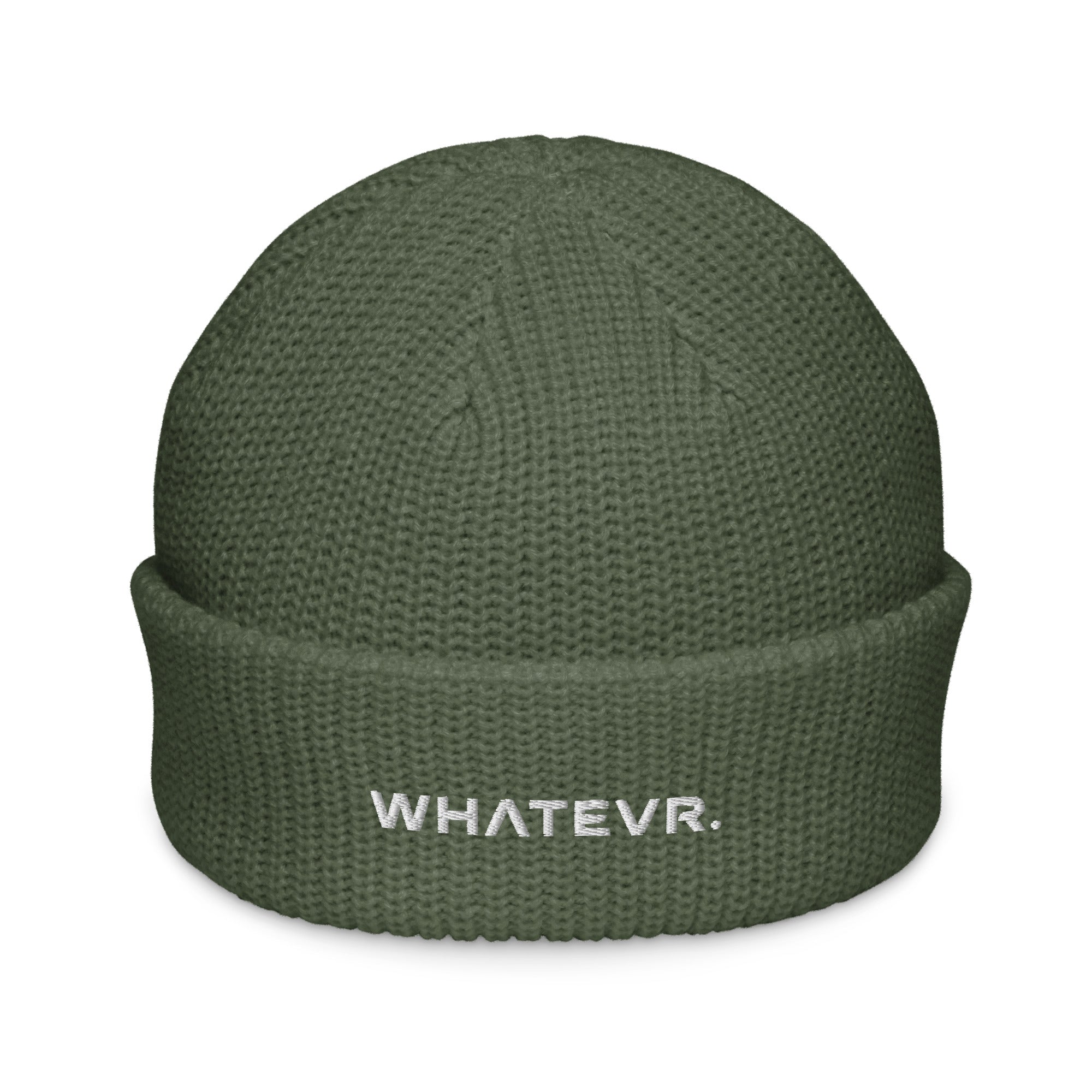 Unisex WHATEVR beanie in green with embroidered detailing, front view