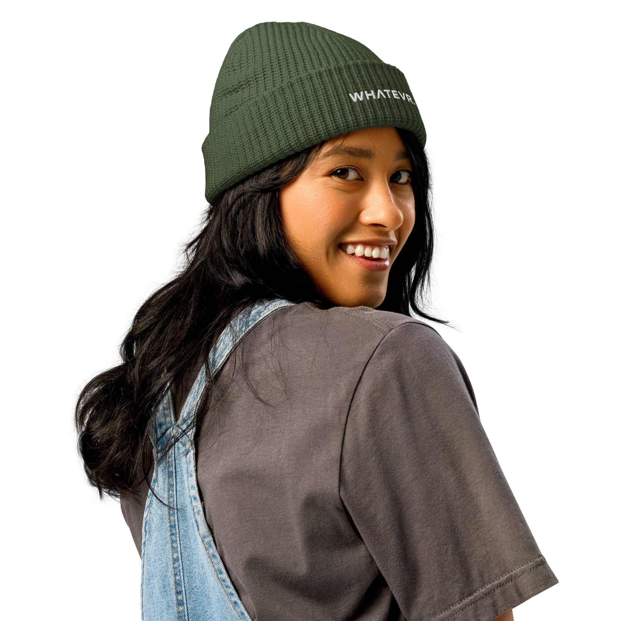 Unisex WHATEVR beanie in green with embroidered detailing, front view