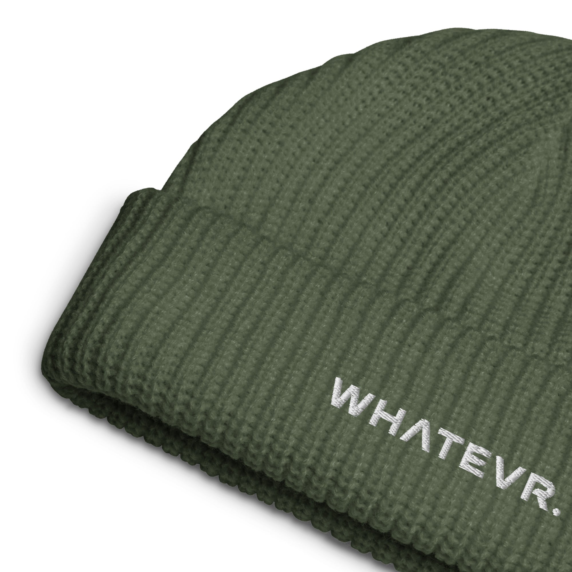 Unisex WHATEVR beanie in green with embroidered detailing, front view