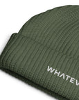 Unisex WHATEVR beanie in green with embroidered detailing, front view