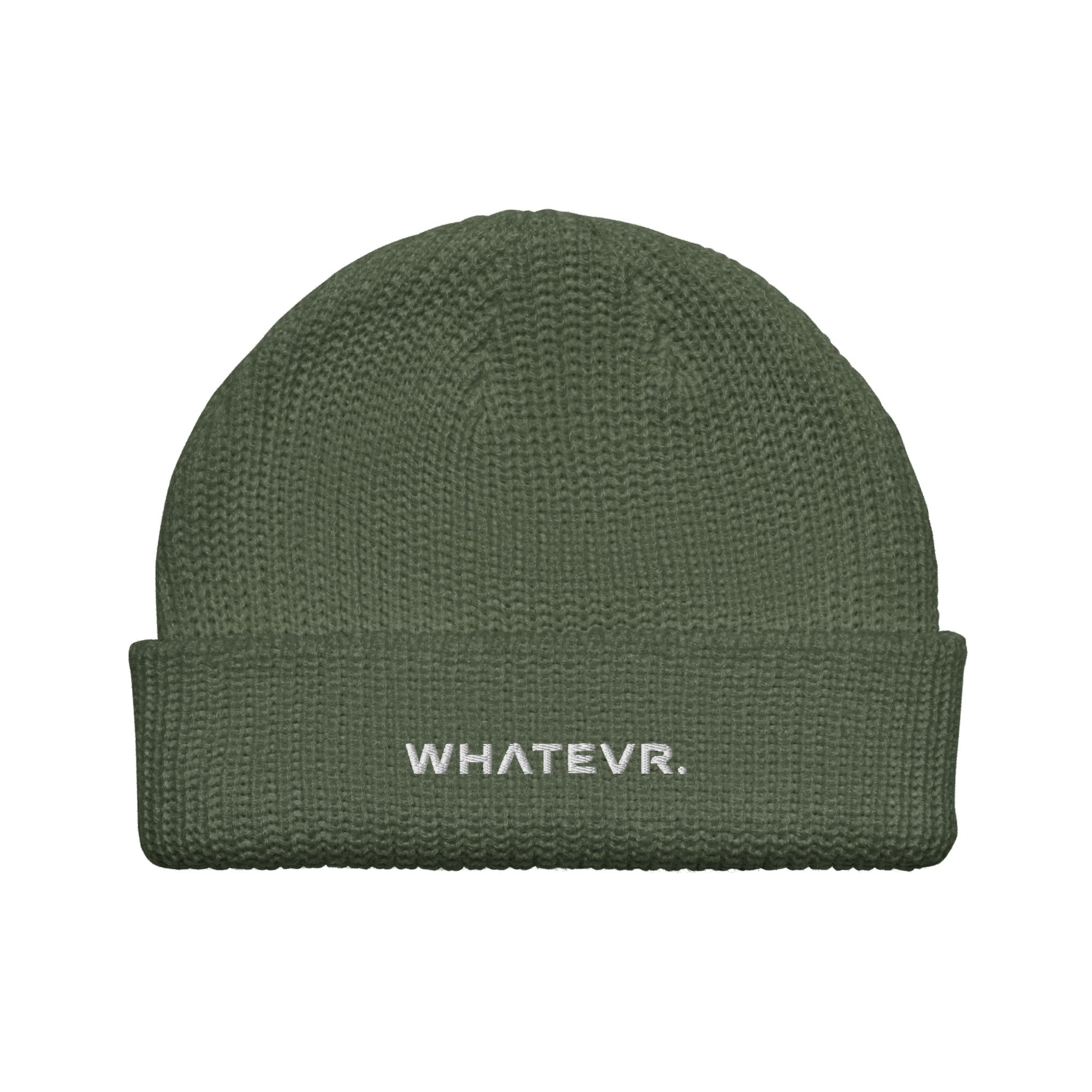 Unisex WHATEVR beanie in green with embroidered detailing, front view