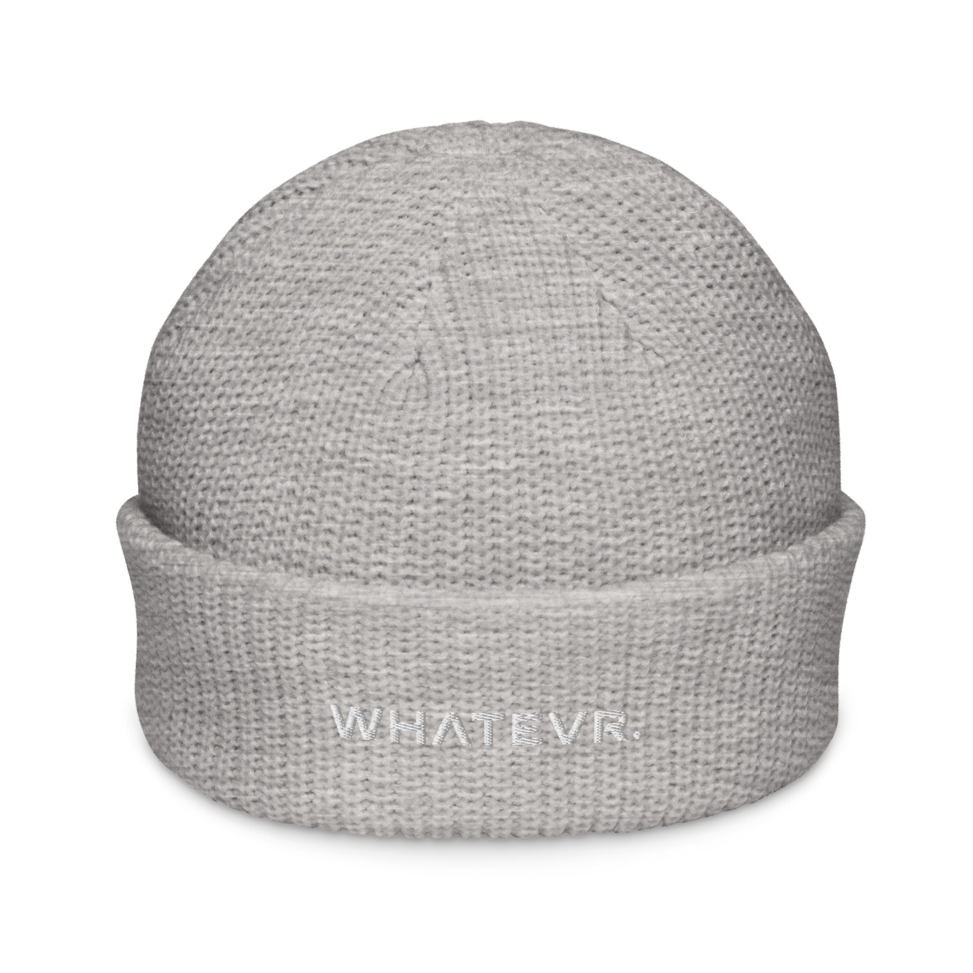 Unisex WHATEVR beanie in gray with embroidered detailing, front view