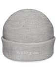 Unisex WHATEVR beanie in gray with embroidered detailing, front view