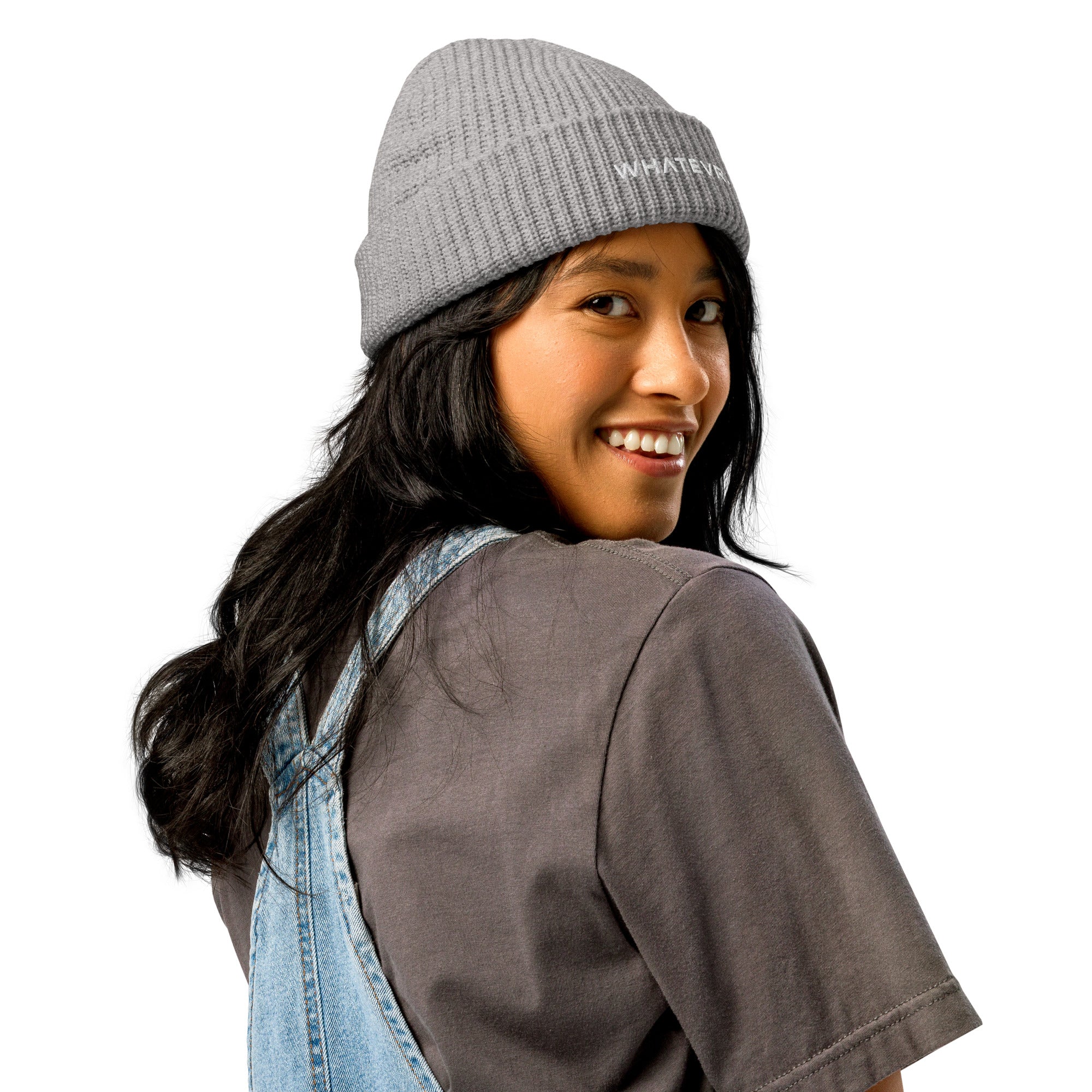 Unisex WHATEVR beanie in gray with embroidered detailing, front view