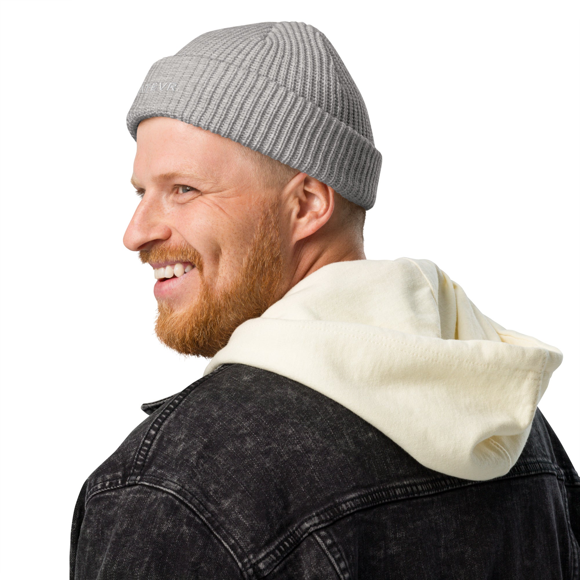 Unisex WHATEVR beanie in gray with embroidered detailing, front view