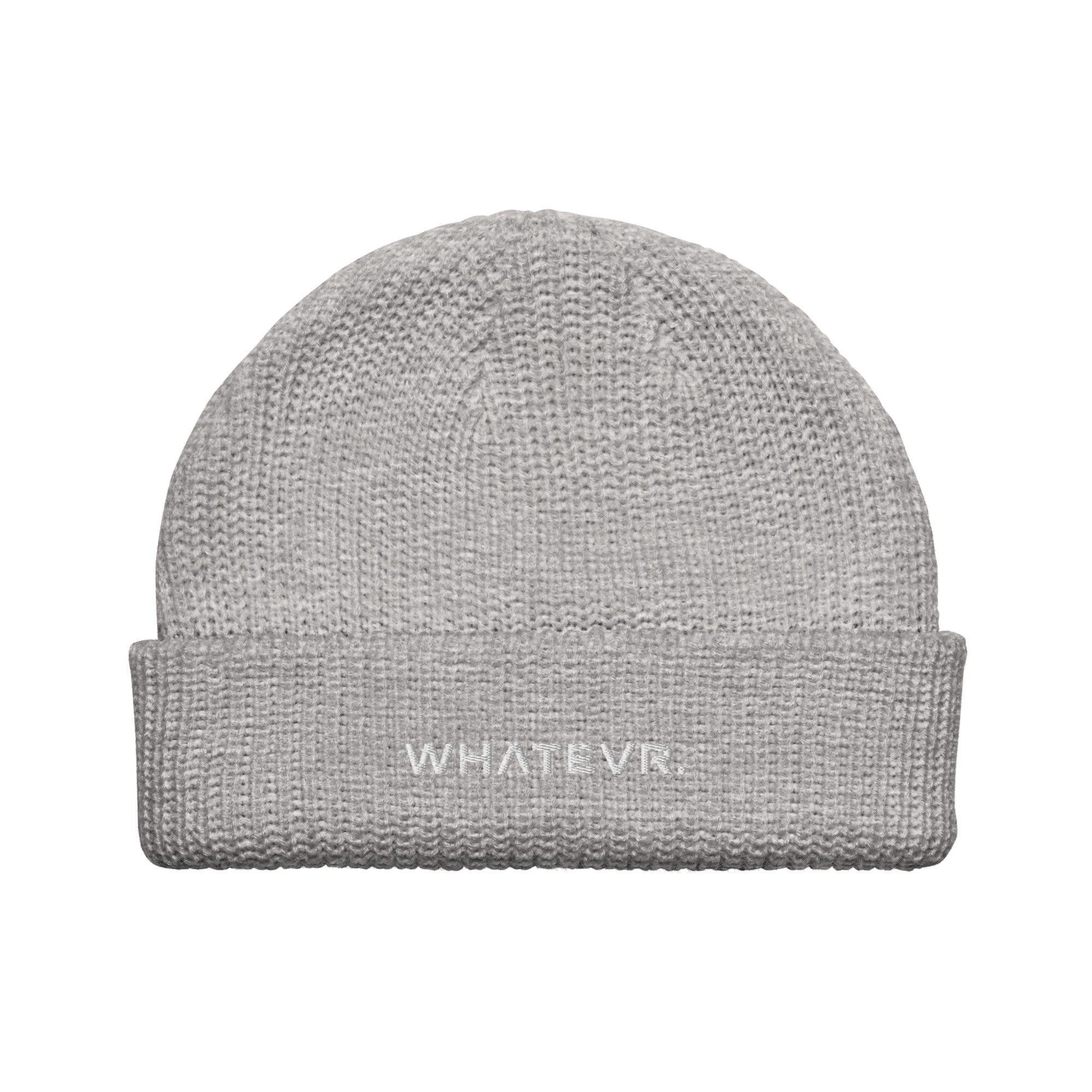 Unisex WHATEVR beanie in gray with embroidered detailing, front view