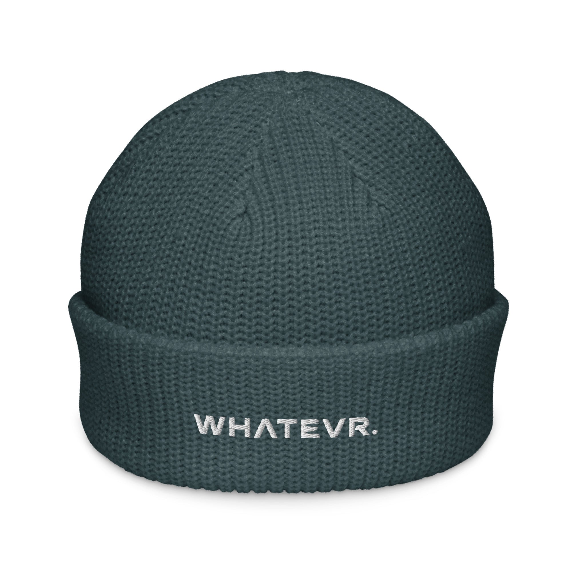 Unisex WHATEVR beanie in blue with embroidered detailing, front view