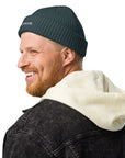 Unisex WHATEVR beanie in blue with embroidered detailing, front view