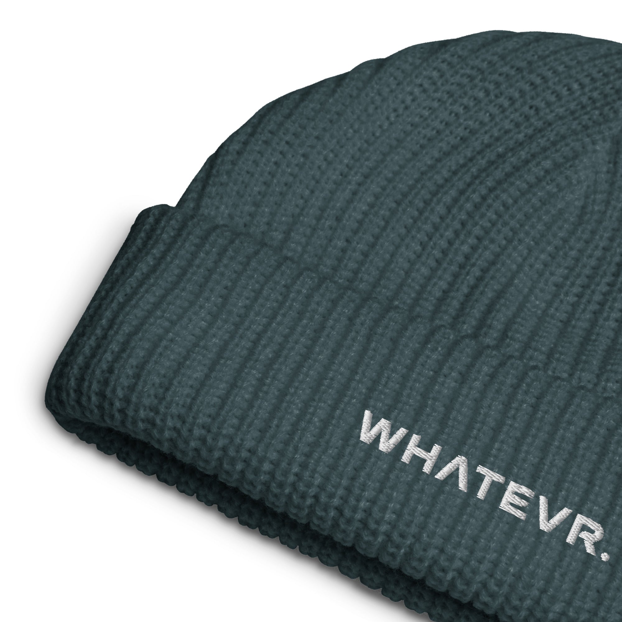 Unisex WHATEVR beanie in blue with embroidered detailing, front view