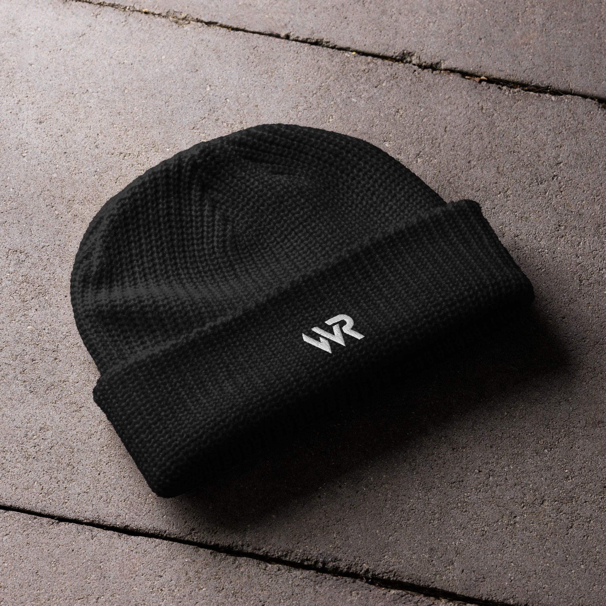 Unisex signature beanie in black with embroidered WR logo, front view
