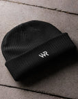 Unisex signature beanie in black with embroidered WR logo, front view