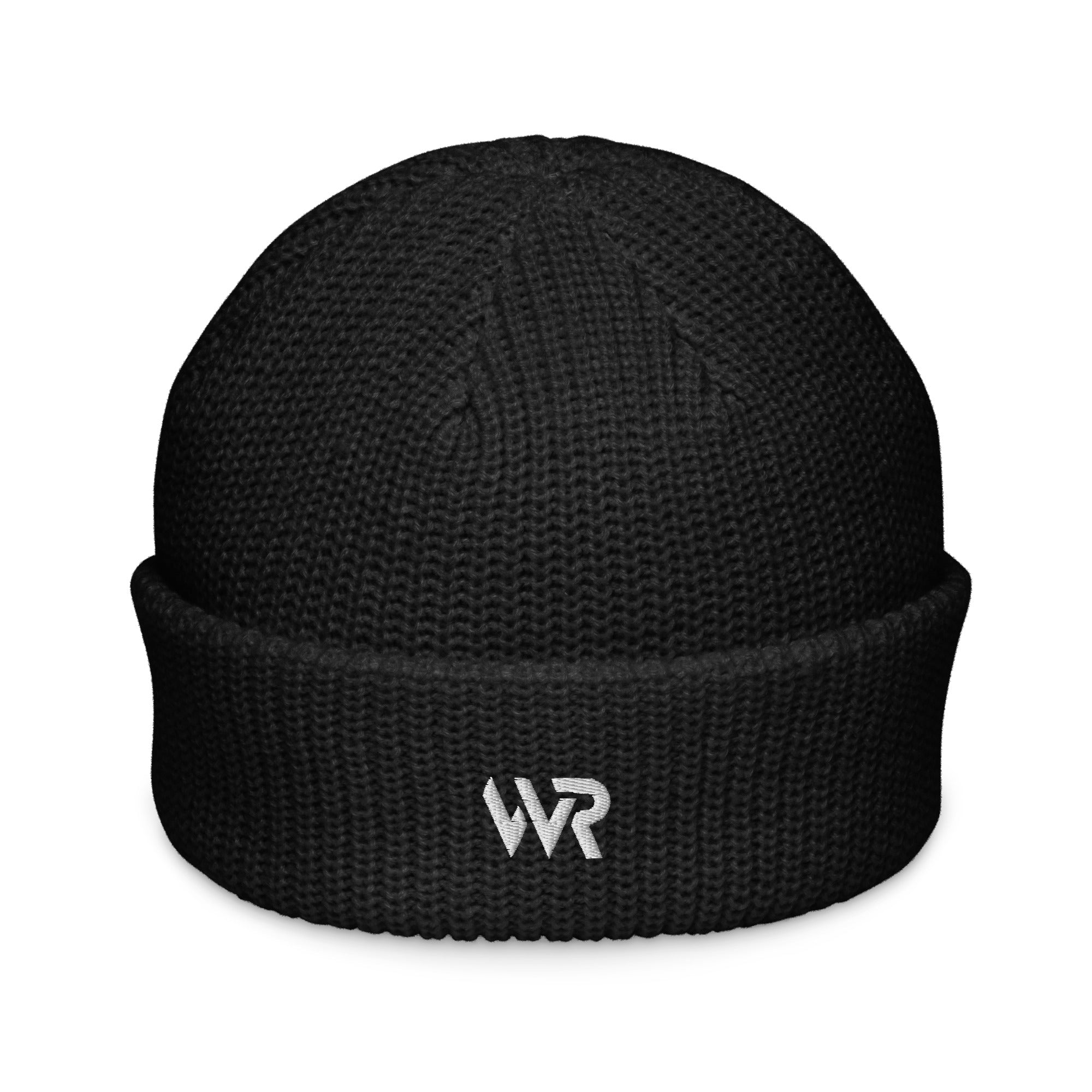 Unisex signature beanie in black with embroidered WR logo, front view
