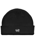 Unisex signature beanie in black with embroidered WR logo, front view