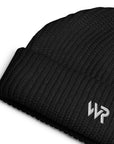 Unisex signature beanie in black with embroidered WR logo, front view