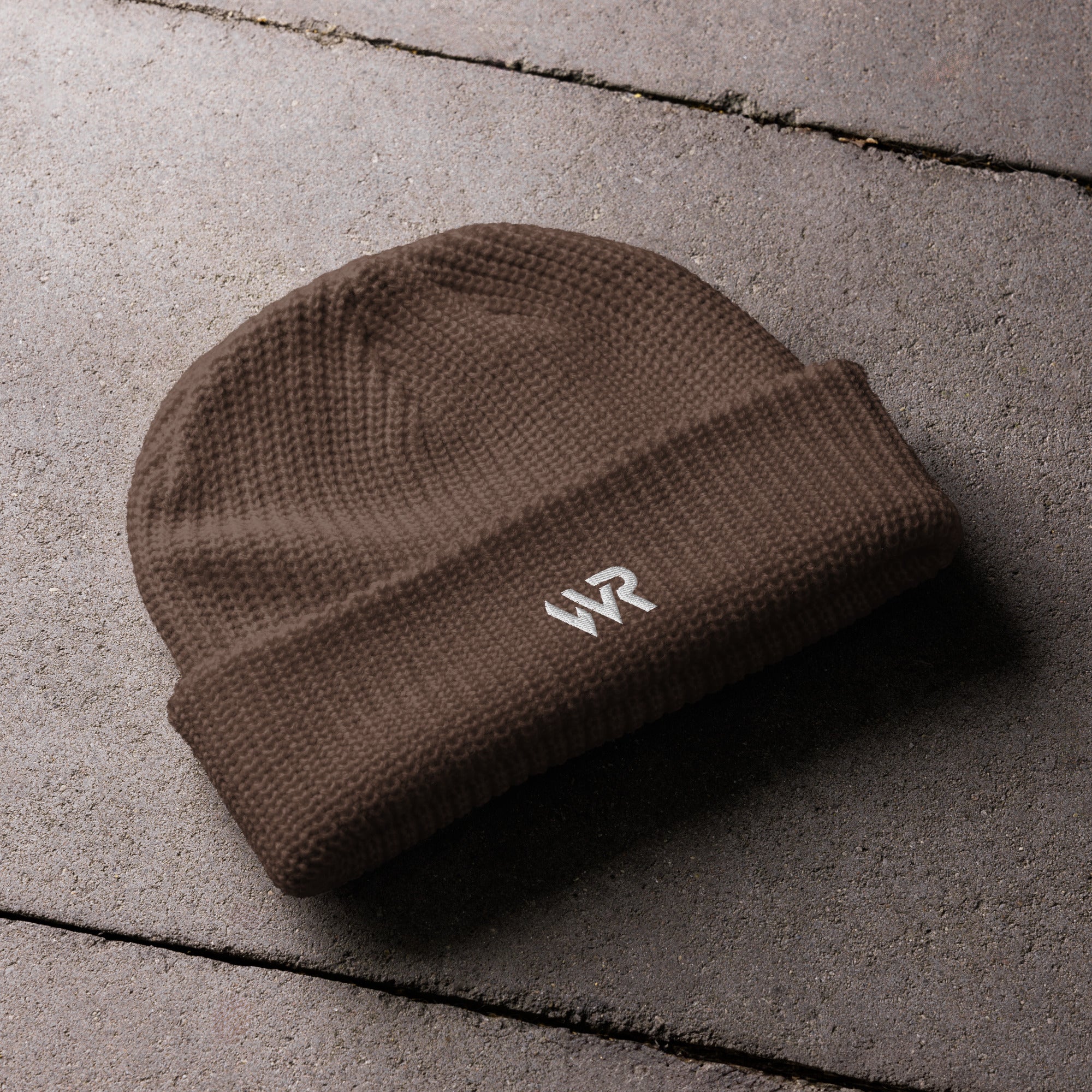 Unisex signature beanie in brown with embroidered WR logo, front view