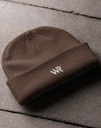 Unisex signature beanie in brown with embroidered WR logo, front view
